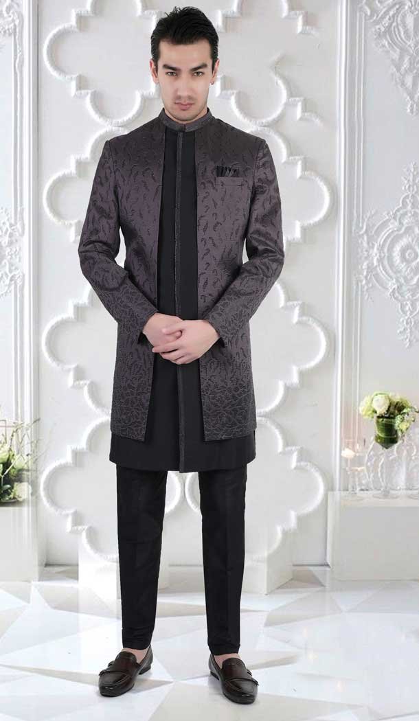 Grey Color Tapeta Silk Stone Work Wedding Wear Designer Men's Indo Western - 7277175231