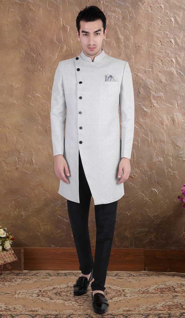 Grey Color Brocade Woven Work Wedding Wear Designer Men's Indo Western - 7277175234