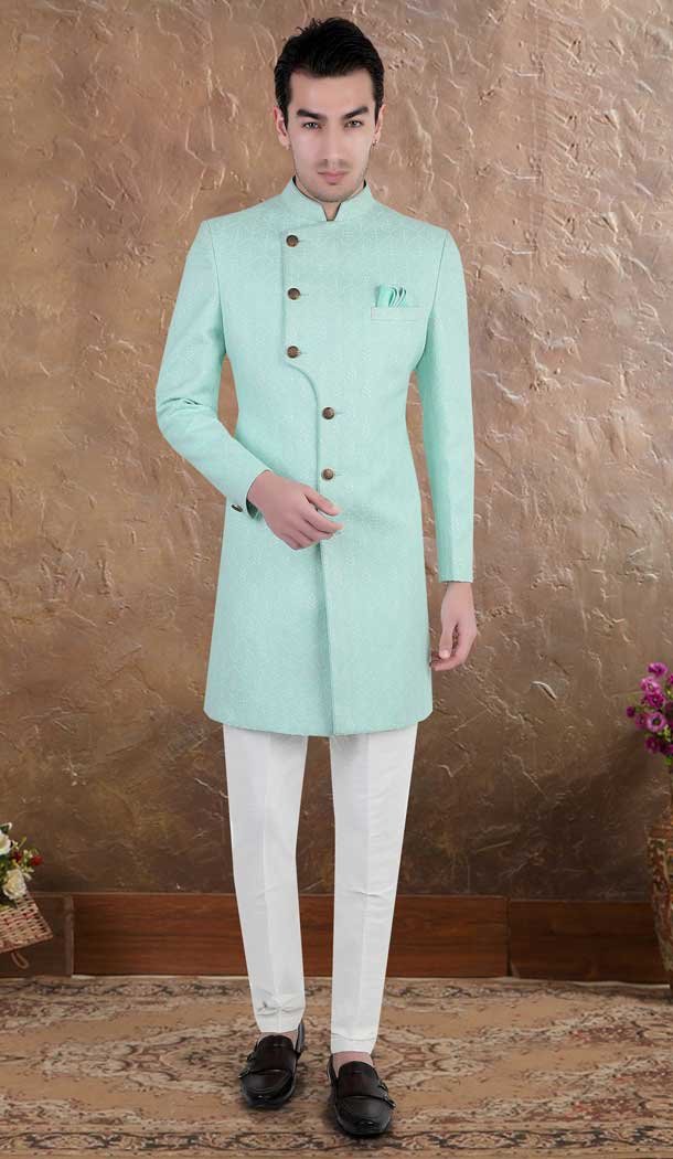 Firozi Color Brocade Woven Work Wedding Wear Designer Men's Indo Western - 7277175235