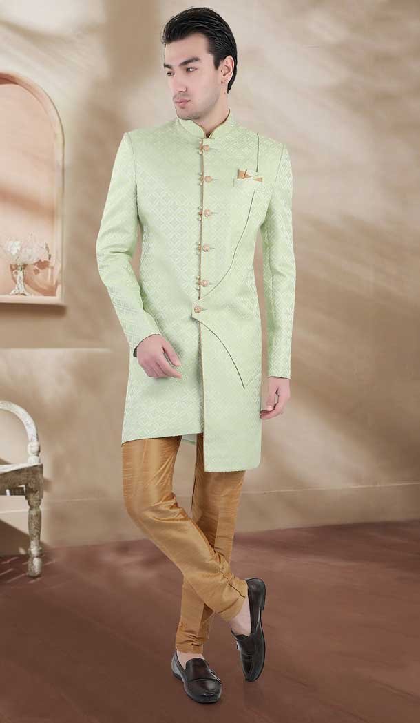 Pista Green Color Brocade Woven Work Wedding Wear Designer Men's Indo Western - 7277175236