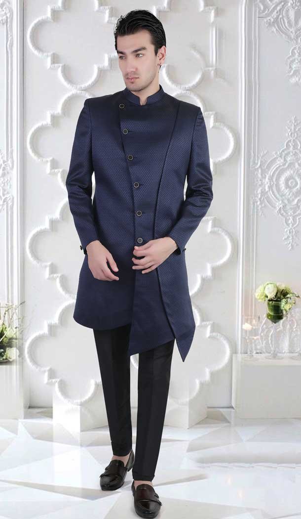 Navy Blue Color Jacquard Woven Work Wedding Wear Designer Men's Indo Western - 7277175241