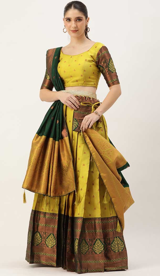 Traditional Function Wear Lichi Silk Digital Print Work Lehenga Choli In Yellow - 7304175395