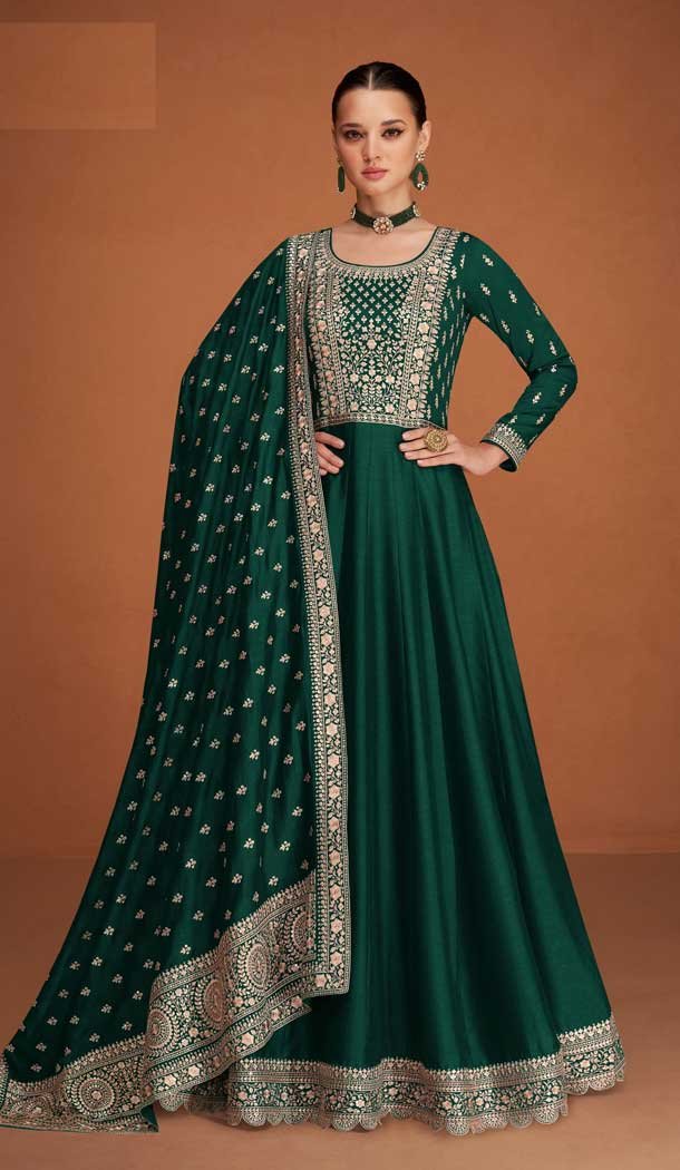 Party Wear Green Color Premium Silk Embroidery Work Anarkali Salwar Suit - 7312175439
