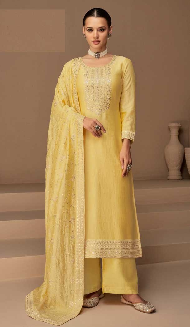Yellow Color Premium Silk Embroidery Work Festival Wear Palazzo Salwar Suit - 7313175446