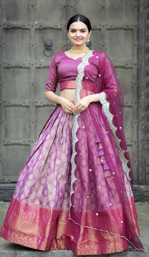 Traditional Function Wear Kanjivaram Pattu Silk Zari Weaving Work Lehenga Choli In Purple - 7359175750