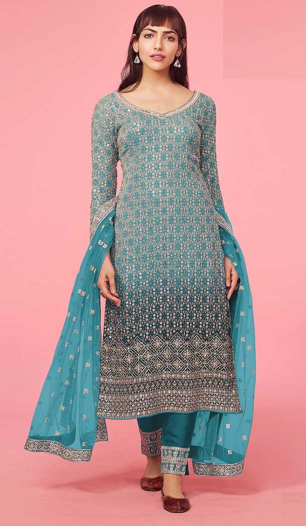 Sky Color Faux Georgette Embroidery Work Traditional Festival Wear Salwar Suit - 7368175855