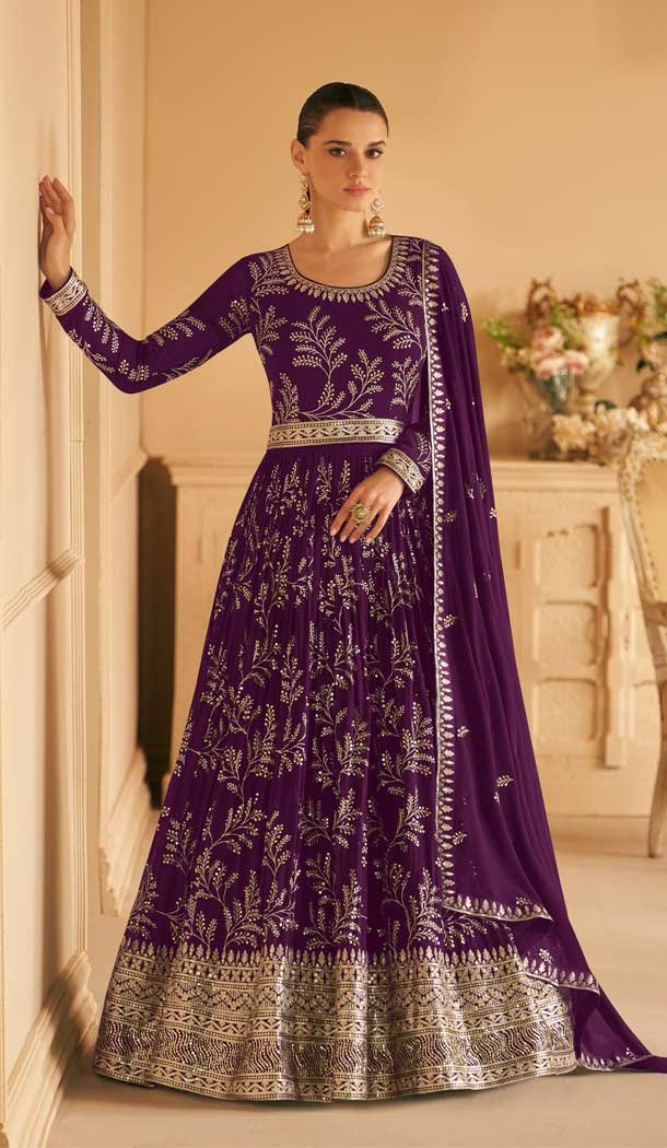 Party Wear Faux Georgette Embroidery Work Anarkali Salwar Suit In Purple - 7357175745