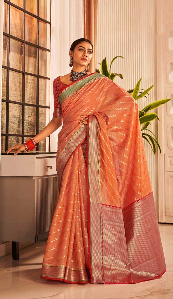 Peach Color Banarasi Silk Weaving Work Designer Function Wear Saree - 7652177421