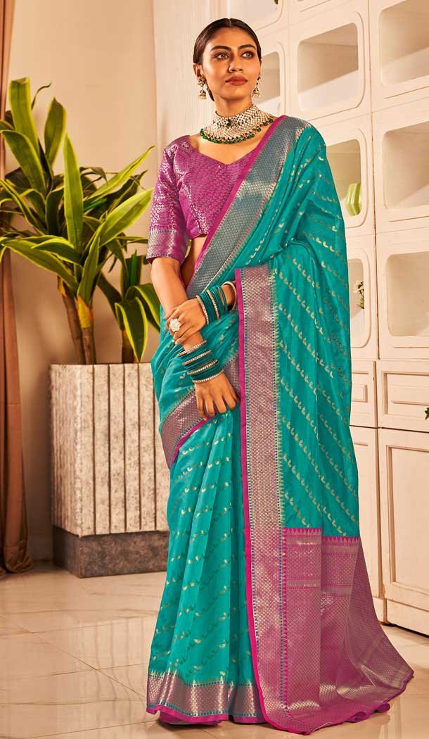 Rama Blue Color Banarasi Silk Weaving Work Designer Function Wear Saree - 7652177422