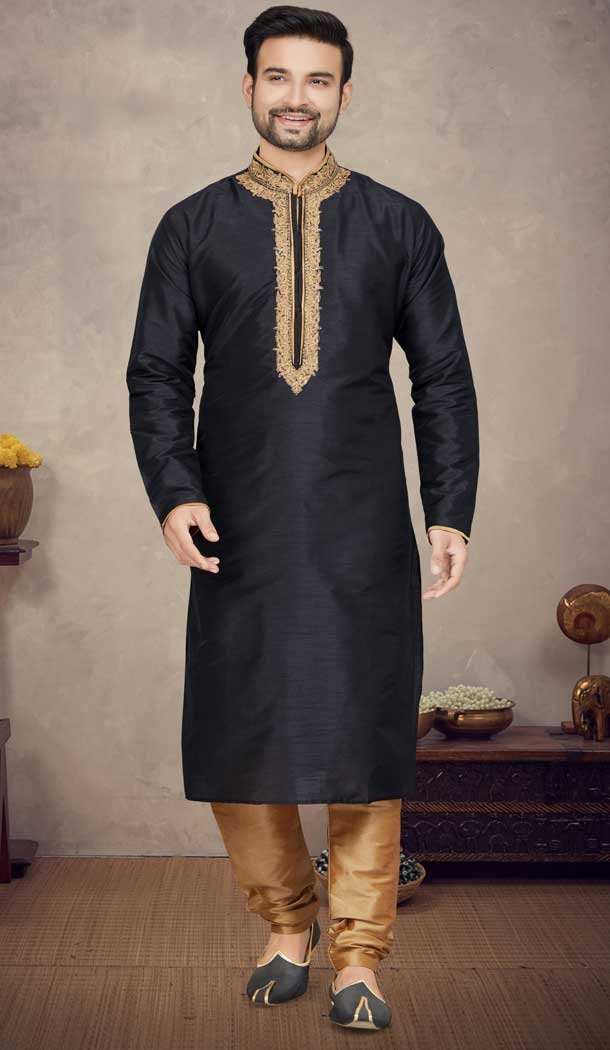 Art Silk With Zari Work Function Wear Designer Plus Size Men's Kurta Pajama In Black - 7675177586