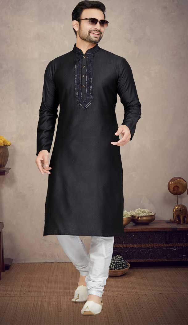 Jacquard With Resham Work Function Wear Designer Plus Size Men's Kurta Pajama In Black - 7675177587