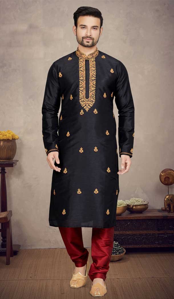 Black Color Art Silk With Resham And Stone Work Designer Function Wear Plus Size Men's Kurta Pajama - 7675177596