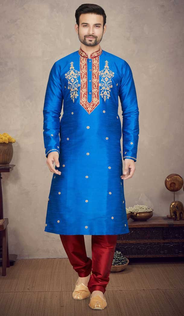 Resham And Stone Work Art Silk Function Wear Plus Size Men's Kurta Pajama In Blue - 7675177598