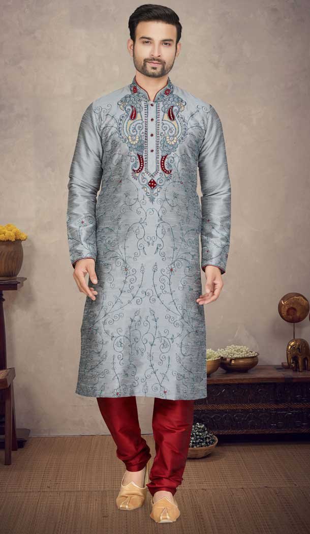 Resham And Stone Work Art Silk Function Wear Plus Size Men's Kurta Pajama In Grey - 7675177600