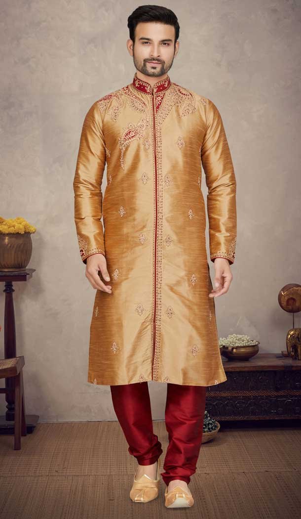 Chikoo Color Resham And Stone Work Art Silk Designer Function Wear Plus Size Men's Kurta Pajama - 7675177603