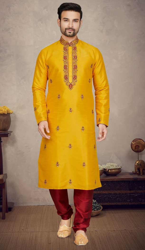 Mango Color Resham And Stone Work Art Silk Designer Function Wear Plus Size Men's Kurta Pajama - 7675177604