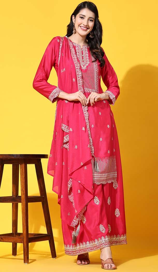 Pink Color Chinon Embroidered Festival Wear Designer Palazzo Salwar Suit - 76981777728