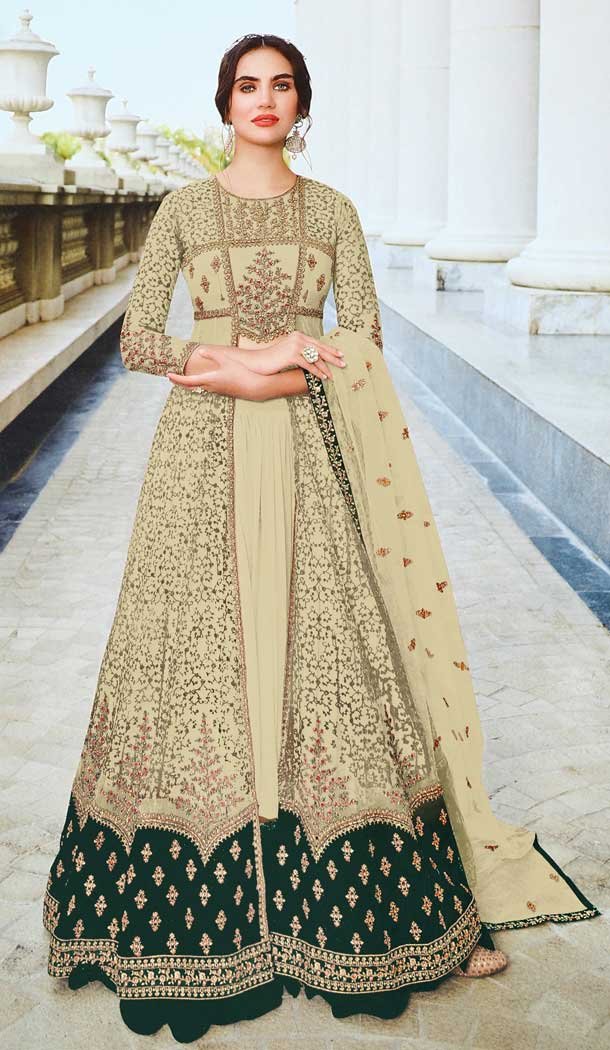 Net Embroidery With Diamond Work Plus Size Anarkali Salwar Suit In Outstanding Cream - 7708177792