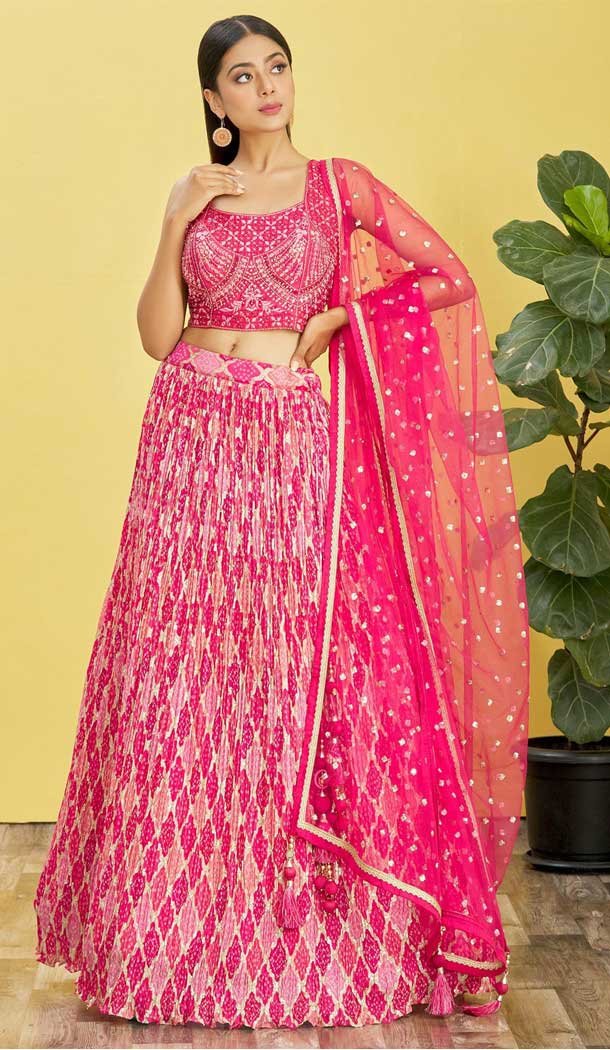 Pink Color Chinon Thread Embroidery Work Designer Function Wear Lehenga Choli - 7383175943