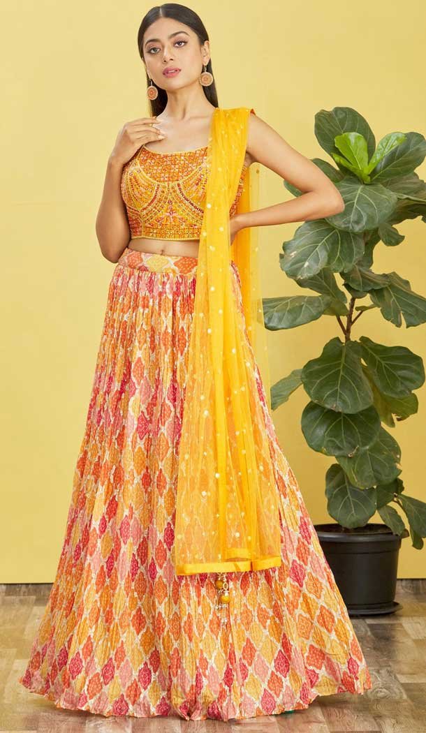 Orange Color Chinon Thread Embroidery Work Designer Function Wear Lehenga Choli - 7383175944