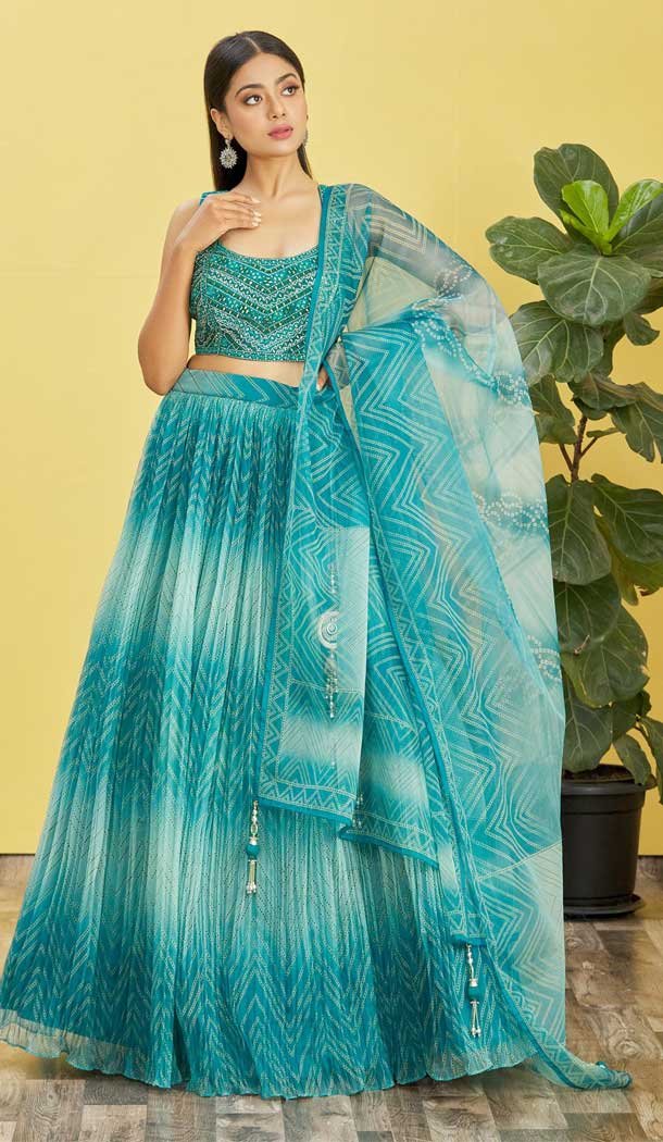 Blue Color Organza Thread Embroidery Work Designer Function Wear Lehenga Choli - 7383175945