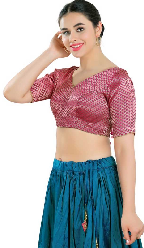 Brocade With Woven Work Readymade Plus Size Blouse In Pink - 7679177623