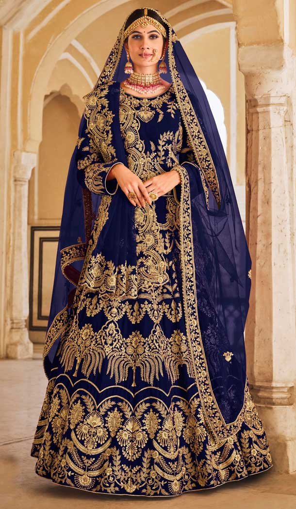 Designer Velvet Dori Zarkan Work Wedding Wear Lehenga Choli In Marvelous Royal Blue - 7710177798