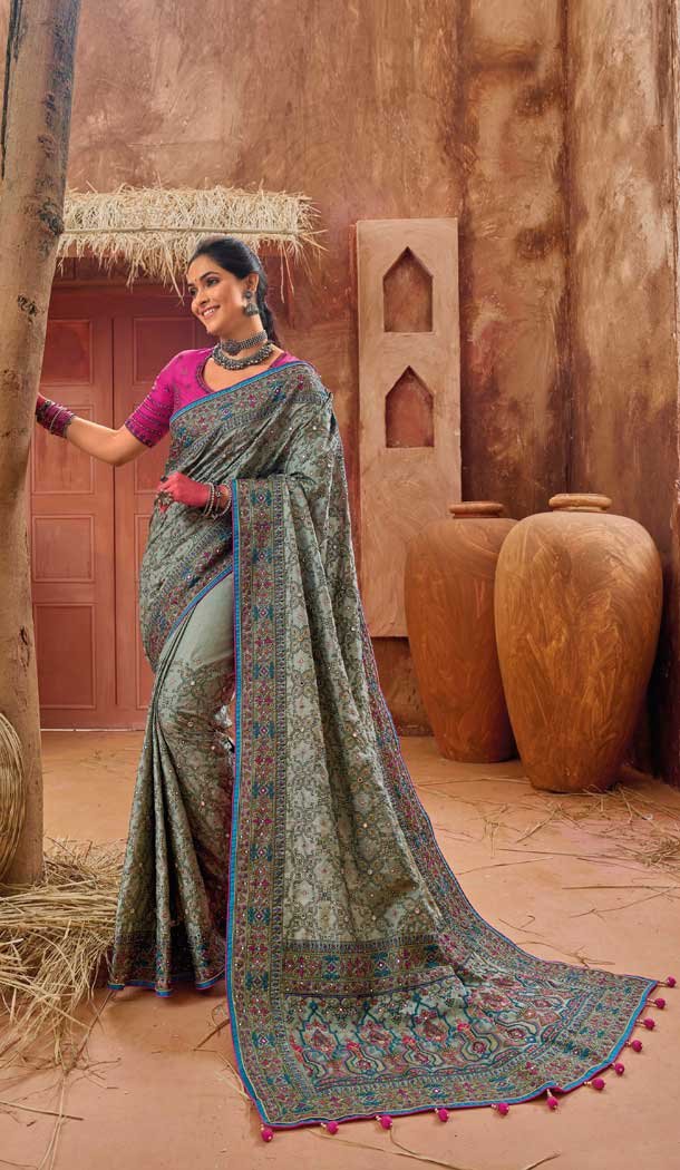Traditional Banarasi Silk With Diamond And Mirror Work Wedding Wear Saree In Mehandi - 7711177802 Traditional Banarasi Silk With Diamond And Mirror Work Wedding Wear Saree In Mehandi - 7711177802