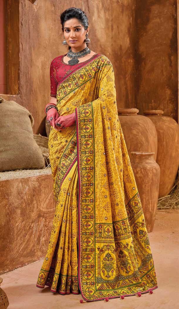 Yellow Traditional Banarasi Silk With Diamond And Mirror Work Wedding Wear Saree - 7711177804 Yellow Traditional Banarasi Silk With Diamond And Mirror Work Wedding Wear Saree - 7711177804