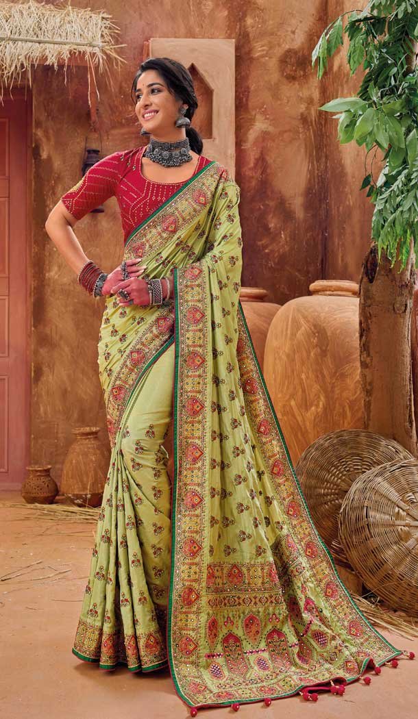 Mehendi Traditional Banarasi Silk With Diamond And Mirror Work Wedding Wear Saree - 7711177806 Mehendi Traditional Banarasi Silk With Diamond And Mirror Work Wedding Wear Saree - 7711177806