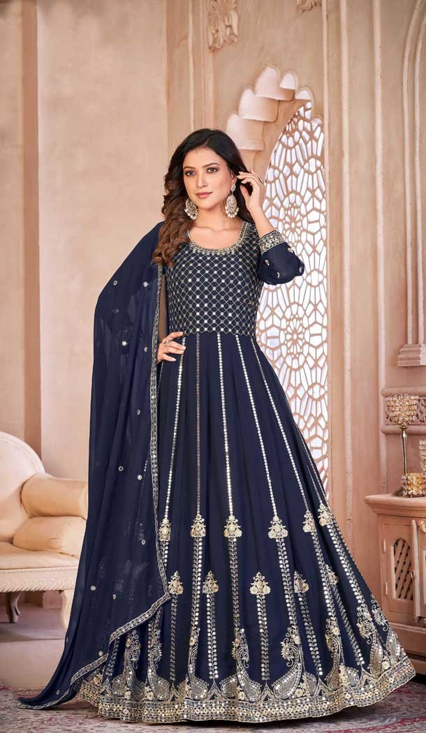 Adorable Traditional Faux Georgette With Embroidery Work Anarkali Salwar Suit In Navy Blue - 7746177975