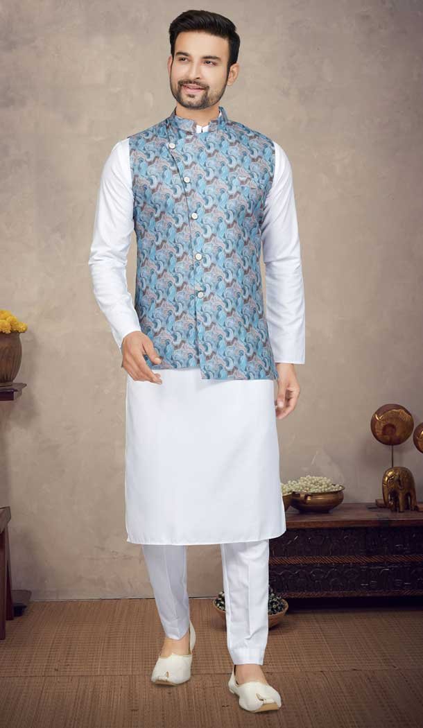 Cotton White Color Printed Work Function Wear Designer Men's Kurta Pajama With Jacket - 7674177562