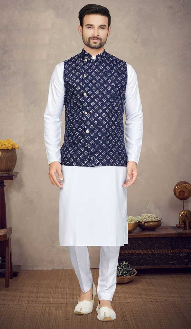 Function Wear White Color Cotton Printed Work Designer Men's Kurta Pajama With Jacket - 7674177564