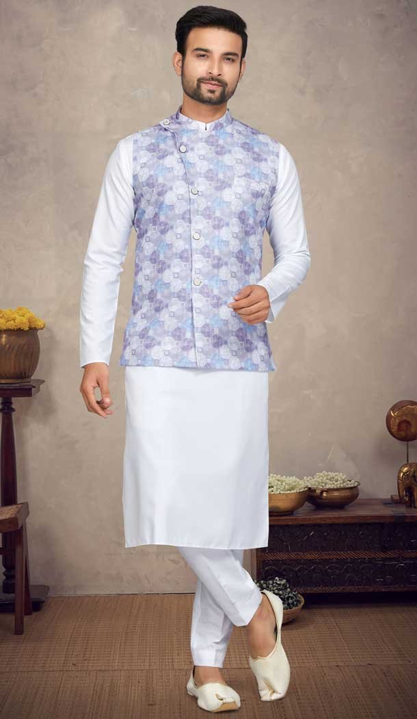 Designer White Color Cotton Printed Work Function Wear Men's Kurta Pajama With Jacket - 7674177565
