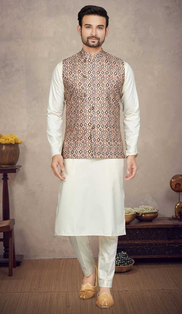 Cotton Cream Color Printed Work Function Wear Designer Men's Kurta Pajama With Jacket - 7674177567