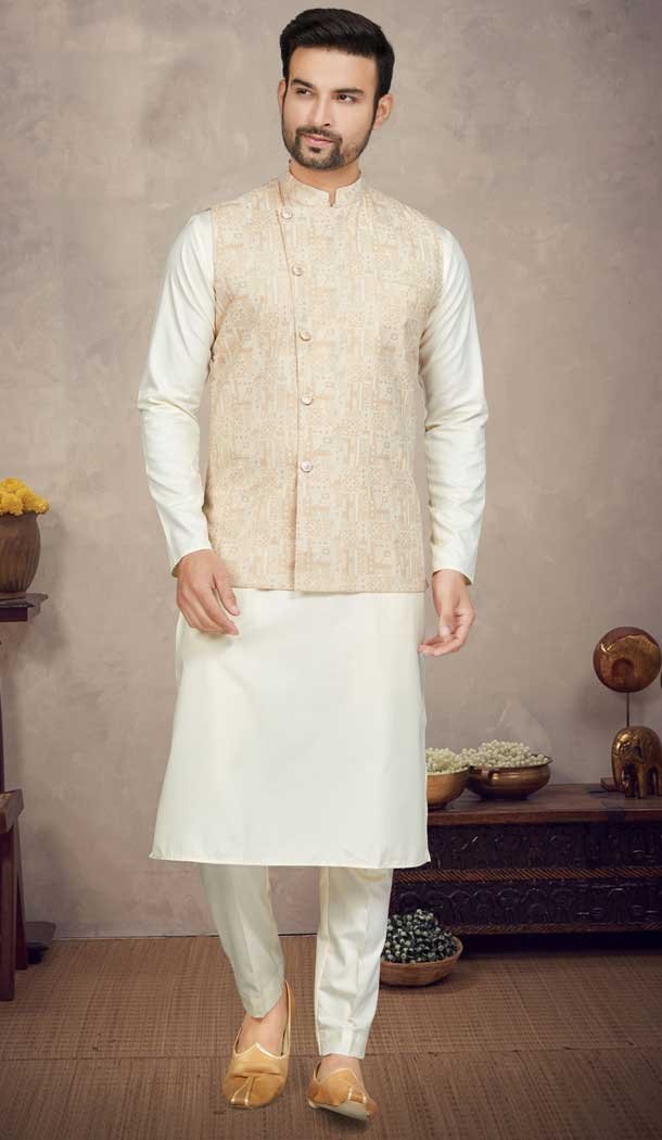 Printed Work Cream Color Cotton Function Wear Designer Men's Kurta Pajama With Jacket - 7674177568