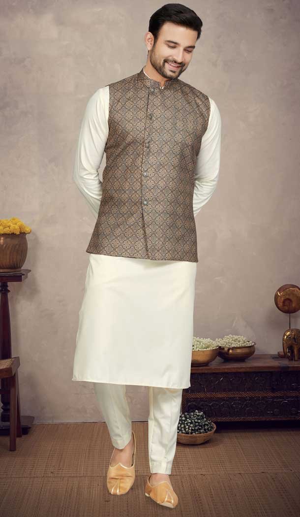 Fantastic Cream Color Cotton Printed Work Function Wear Designer Men's Kurta Pajama With Jacket - 7674177571