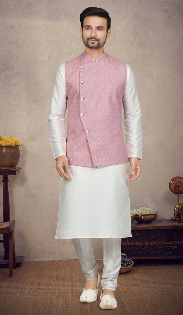 Printed Work Off White Color Art Silk Function Wear Designer Men's Kurta Pajama With Jacket - 7674177576