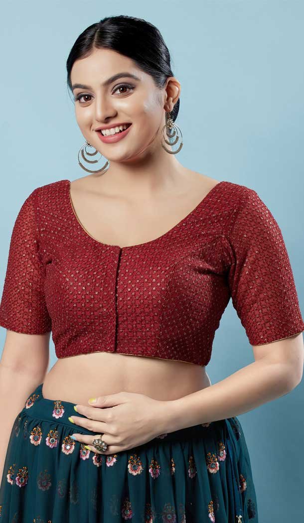 Festival Wear Maroon Color Designer Readymade Blouse In Net With Embroidery Work - 7731177880