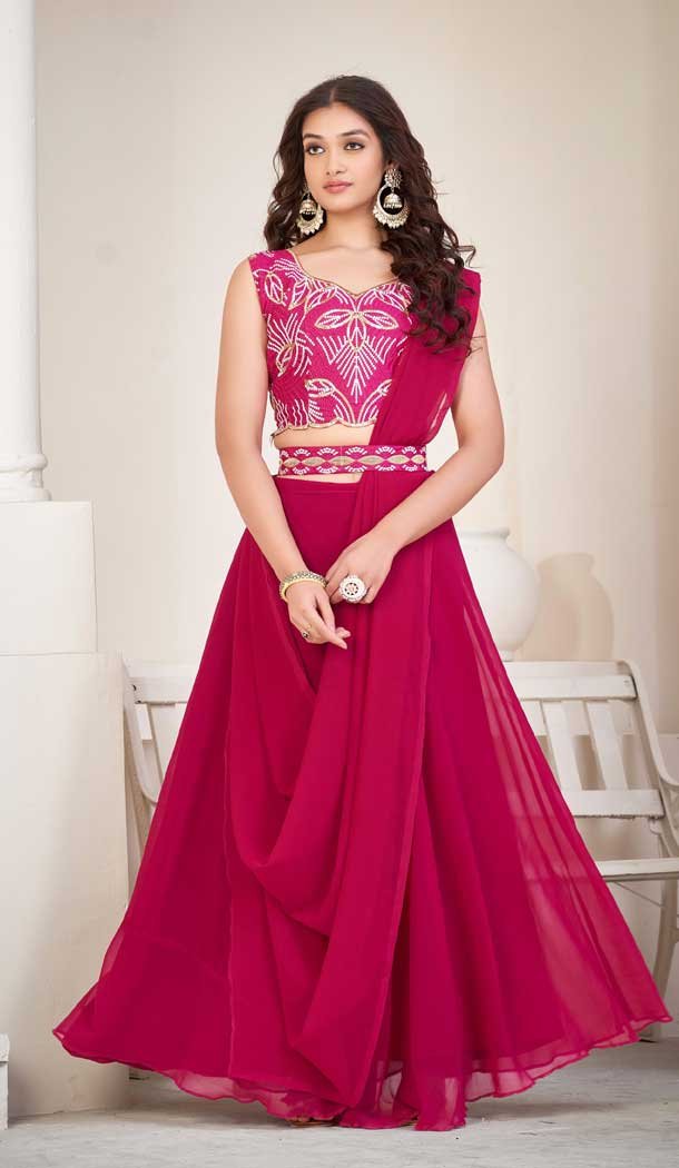 Embroidered And Thread Work Georgette Heavy Function Wear Lehenga Choli In Pink - 7736177908
