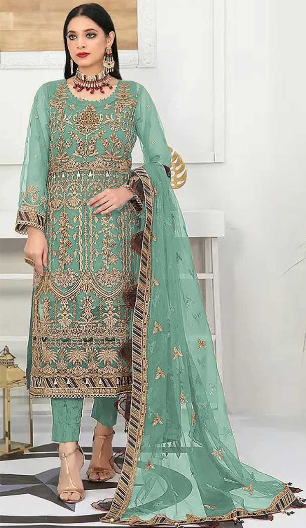 Party Wear Net Embroidered Traditional Pakistani Salwar Kameez In Sky - 7798178250