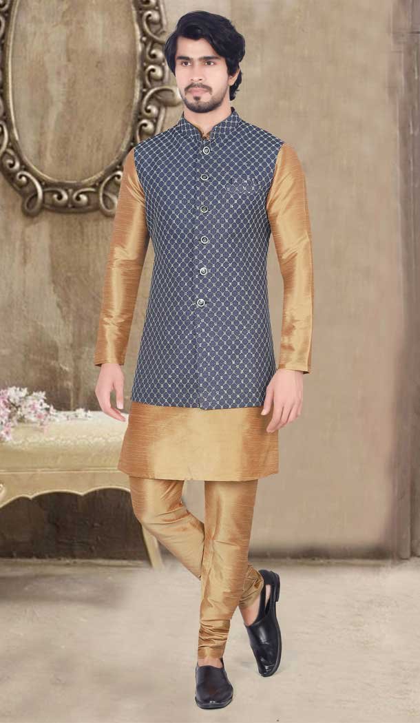 Designer Sequins And Zari Work Art Silk Men's Kurta Pajama With Jacket In Chiku - 7869178774