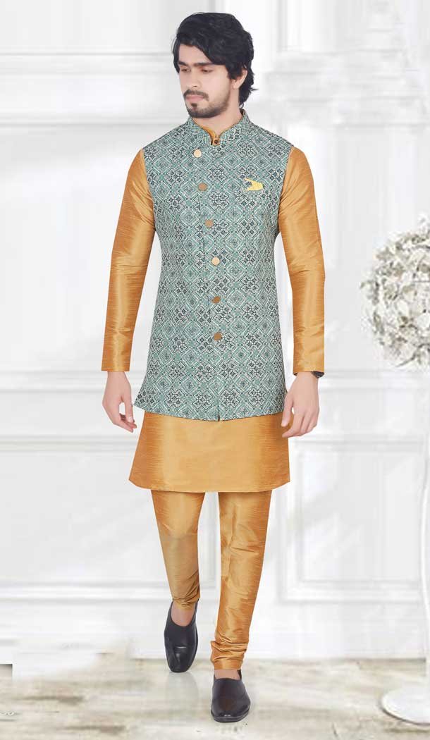 Digital Printed Art Silk Designer Men's Kurta Pajama With Jacket In Chiku - 7869178777