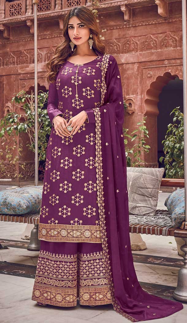 Pure Dola Jacquard With Embroidery Work Purple Women Wear Palazzo Salwar Suit - 7915178978