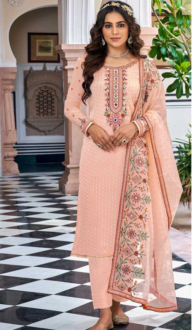 Faux Georgette With Embroidery Work Festival Wear Traditional Salwar Kameez In Peach - 7948179245