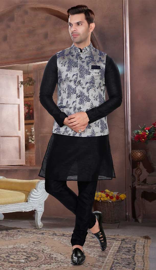 Wedding Wear Black Art Silk Resham And Zari Work Designer Men's Kurta Pajama With Jacket - 7950179266