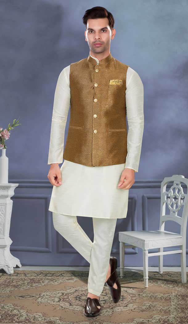 Wedding Wear Cream Resham And Zari Work Art Silk Designer Men's Kurta Pajama With Jacket - 7950179267