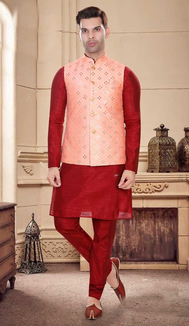 Maroon Wedding Wear Art Silk Resham And Zari Work Designer Men's Kurta Pajama With Jacket - 7950179271