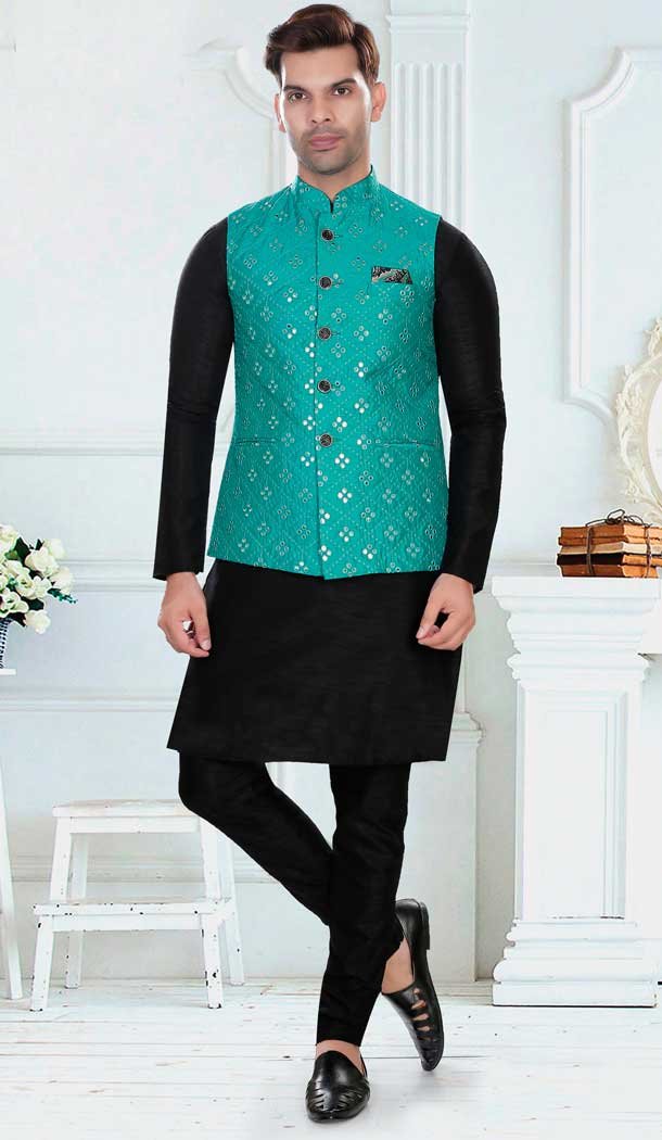 Wedding Wear Art Silk Resham And Zari Work Designer Men's Kurta Pajama With Jacket In Black - 7950179272