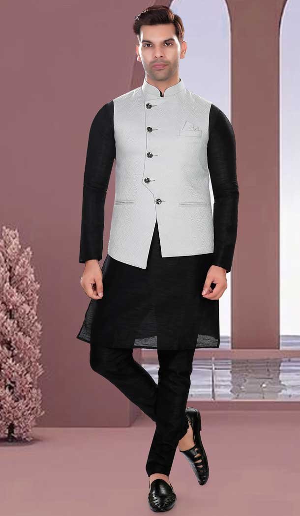 Charming Black Wedding Wear Art Silk Resham And Zari Work Designer Men's Kurta Pajama With Jacket - 7950179273